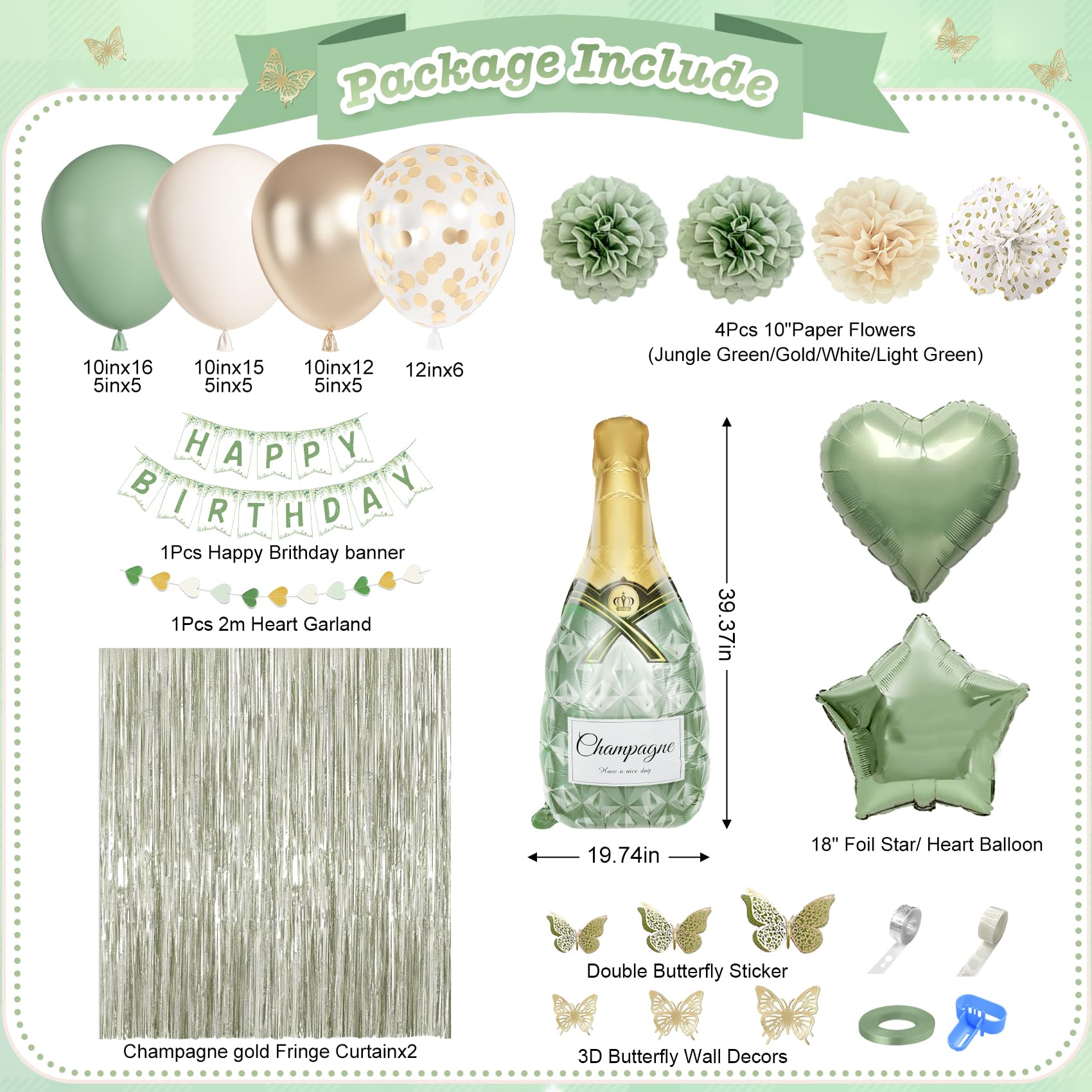 Ouddy Life Sage Green Birthday Decorations Kit – 91-Piece Green, White, Gold Party Supplies with Balloons, Banner, Cake Topper, Fringe Curtain