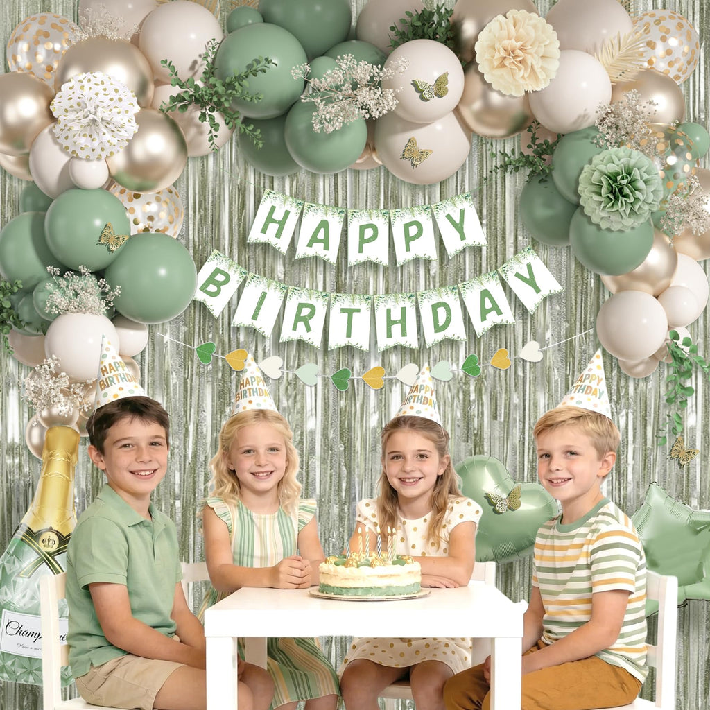 Ouddy Life Sage Green Birthday Decorations Kit – 91-Piece Green, White, Gold Party Supplies with Balloons, Banner, Cake Topper, Fringe Curtain