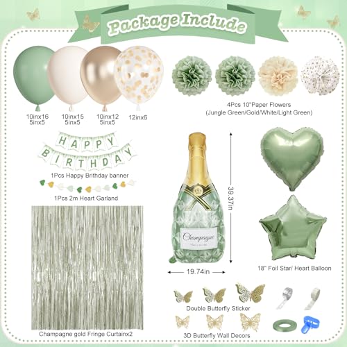 Ouddy Life Sage Green Birthday Decorations Kit – 91-Piece Green, White, Gold Party Supplies with Balloons, Banner, Cake Topper, Fringe Curtain