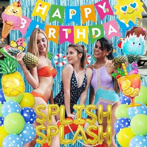 Ouddy Life Splish Splash Summer Pool Party Decoration Set - 63 Pieces Including Foil Balloons, Banner, Cake Toppers & More