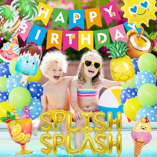 Ouddy Life Splish Splash Summer Pool Party Decoration Set - 63 Pieces Including Foil Balloons, Banner, Cake Toppers & More