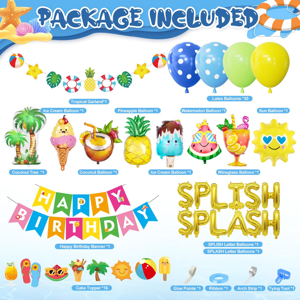 Ouddy Life Splish Splash Summer Pool Party Decoration Set - 63 Pieces Including Foil Balloons, Banner, Cake Toppers & More