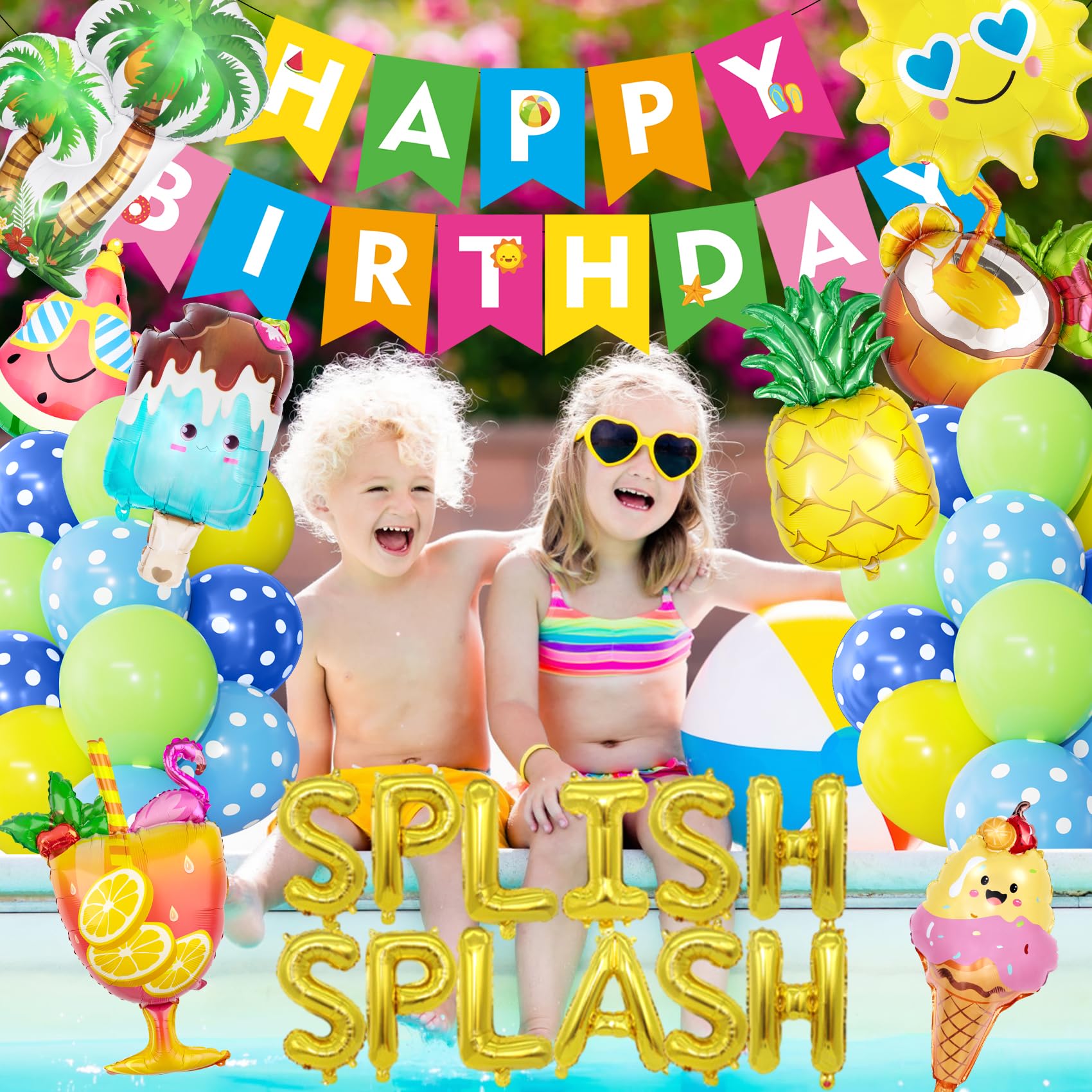 Ouddy Life Splish Splash Summer Pool Party Decoration Set - 63 Pieces Including Foil Balloons, Banner, Cake Toppers & More