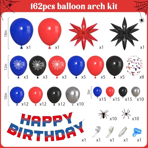 Ouddy Party 162-Piece Spider Theme Balloon Arch Garland Kit with Star Foil Balloons and Happy Birthday Banner for Boys, Kids, Baby Shower