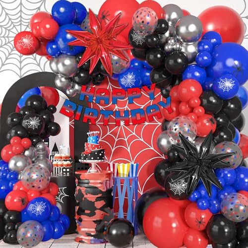 Ouddy Party 162-Piece Spider Theme Balloon Arch Garland Kit with Star Foil Balloons and Happy Birthday Banner for Boys, Kids, Baby Shower
