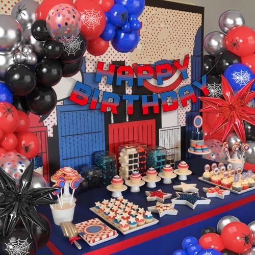Ouddy Party 162-Piece Spider Theme Balloon Arch Garland Kit with Star Foil Balloons and Happy Birthday Banner for Boys, Kids, Baby Shower