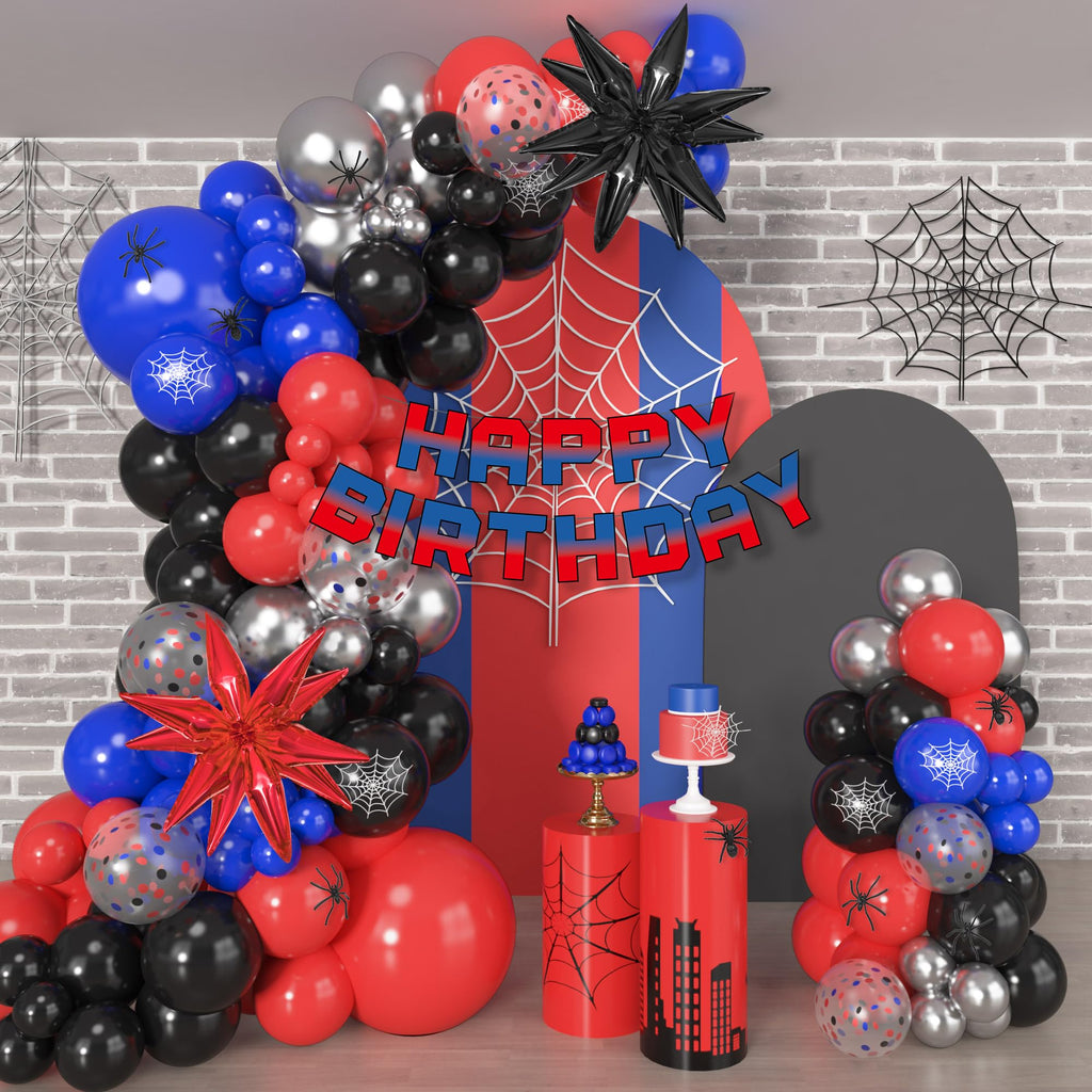 Ouddy Party 162-Piece Spider Theme Balloon Arch Garland Kit with Star Foil Balloons and Happy Birthday Banner for Boys, Kids, Baby Shower