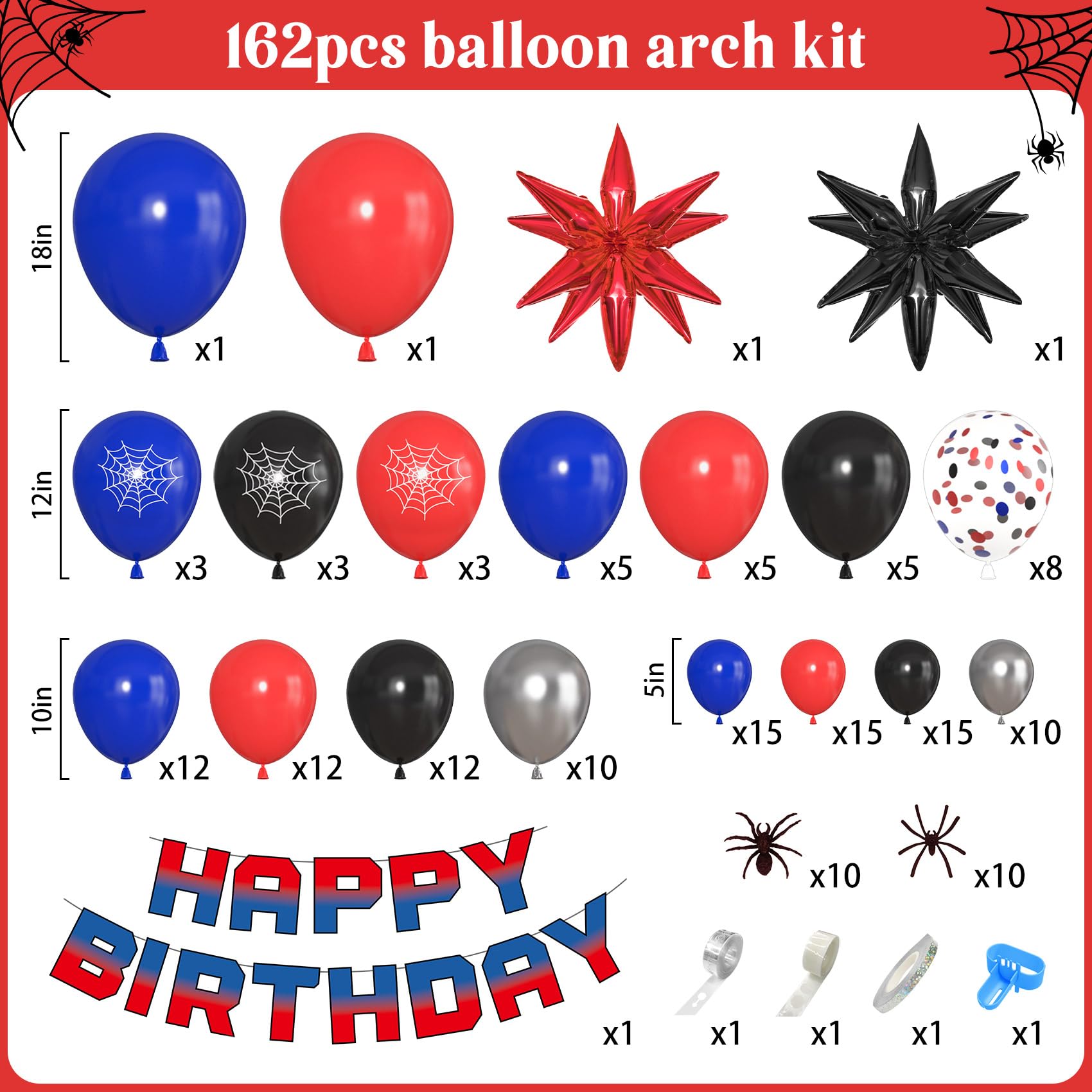 Ouddy Party 162-Piece Spider Theme Balloon Arch Garland Kit with Star Foil Balloons and Happy Birthday Banner for Boys, Kids, Baby Shower