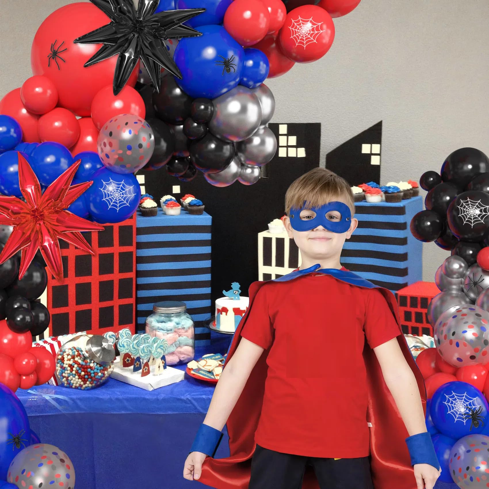 Ouddy Party 162-Piece Spider Theme Balloon Arch Garland Kit with Star Foil Balloons and Happy Birthday Banner for Boys, Kids, Baby Shower