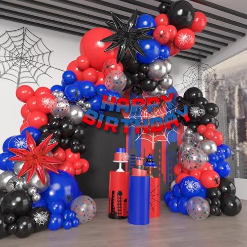 Ouddy Party 162-Piece Spider Theme Balloon Arch Garland Kit with Star Foil Balloons and Happy Birthday Banner for Boys, Kids, Baby Shower