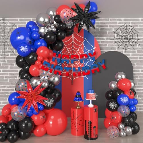 Ouddy Party 162-Piece Spider Theme Balloon Arch Garland Kit with Star Foil Balloons and Happy Birthday Banner for Boys, Kids, Baby Shower