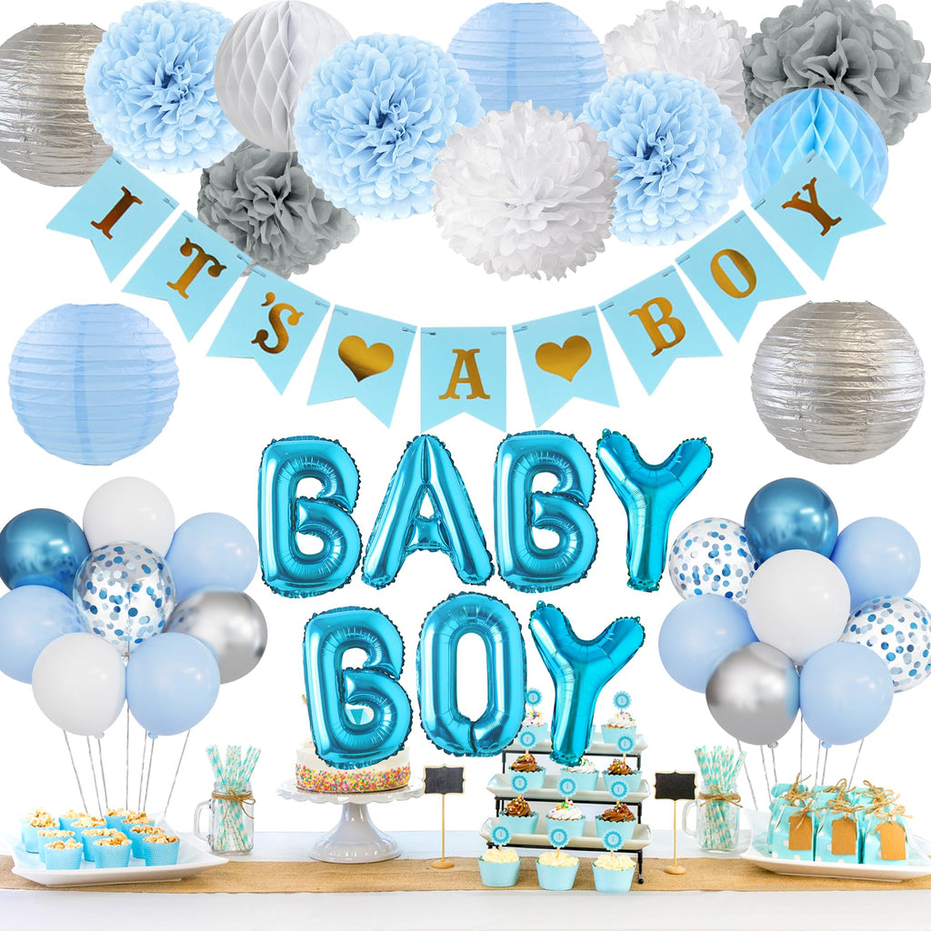 Ouddy Party Blue Baby Shower Decorations Set - 54 Pieces with Its a Boy Banner, Balloons, and Paper Decor