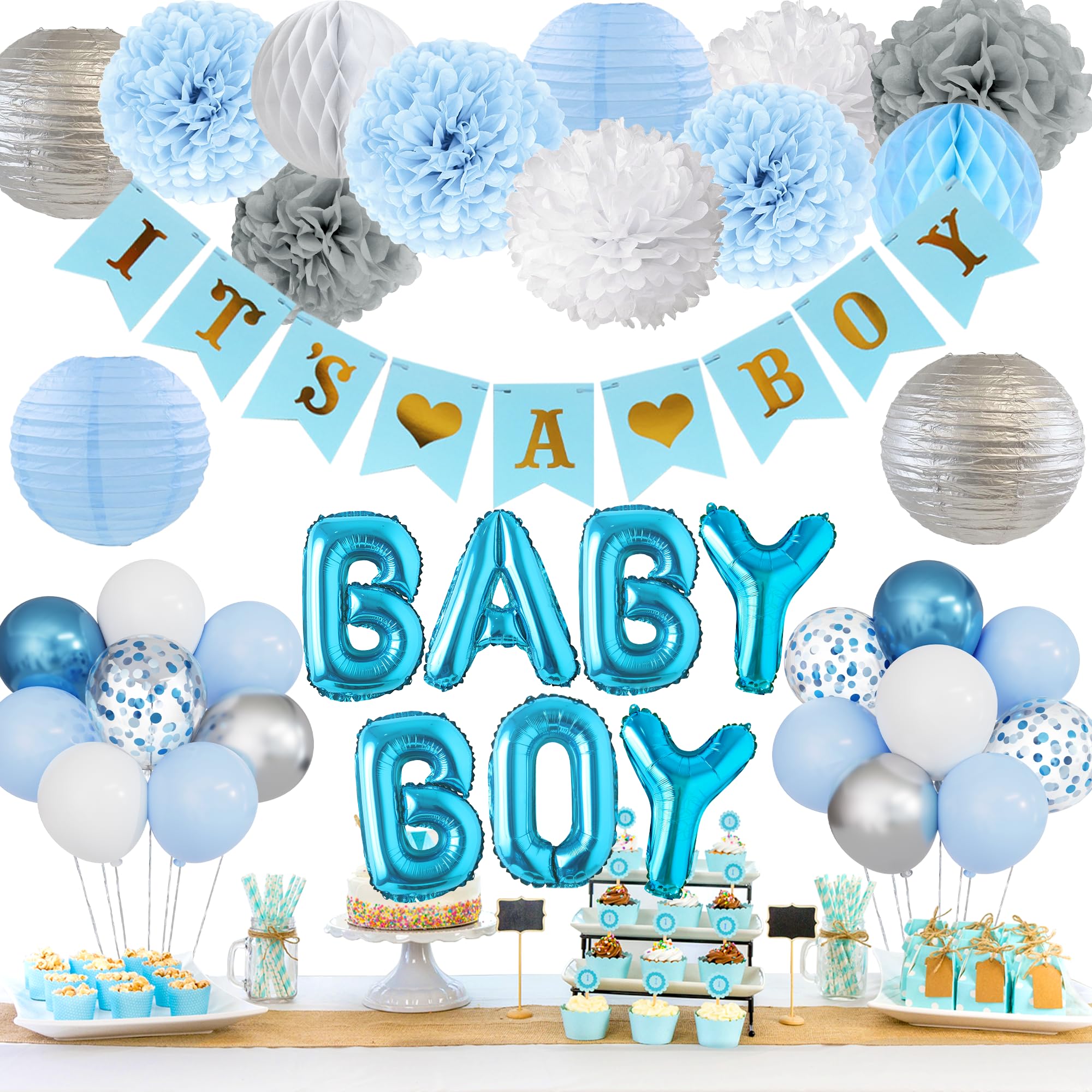 Ouddy Party Blue Baby Shower Decorations Set - 54 Pieces with Its a Boy Banner, Balloons, and Paper Decor