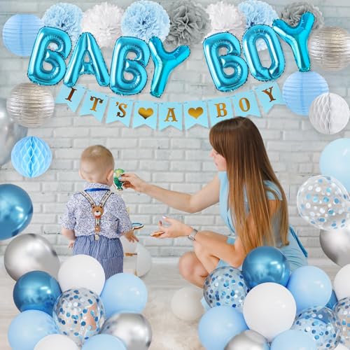 Ouddy Party Blue Baby Shower Decorations Set - 54 Pieces with Its a Boy Banner, Balloons, and Paper Decor