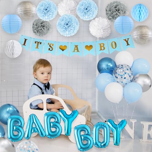 Ouddy Party Blue Baby Shower Decorations Set - 54 Pieces with Its a Boy Banner, Balloons, and Paper Decor