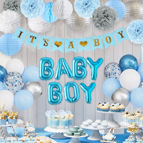 Ouddy Party Blue Baby Shower Decorations Set - 54 Pieces with Its a Boy Banner, Balloons, and Paper Decor