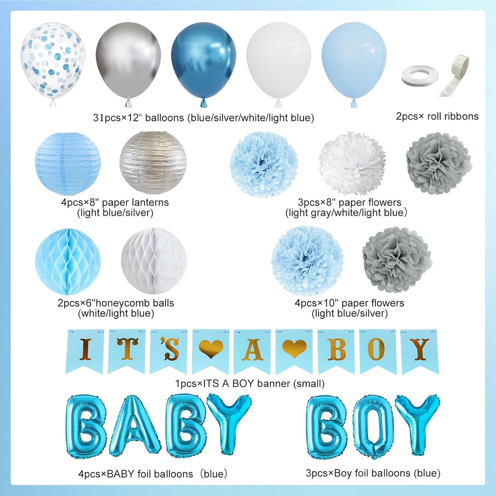 Ouddy Party Blue Baby Shower Decorations Set - 54 Pieces with Its a Boy Banner, Balloons, and Paper Decor