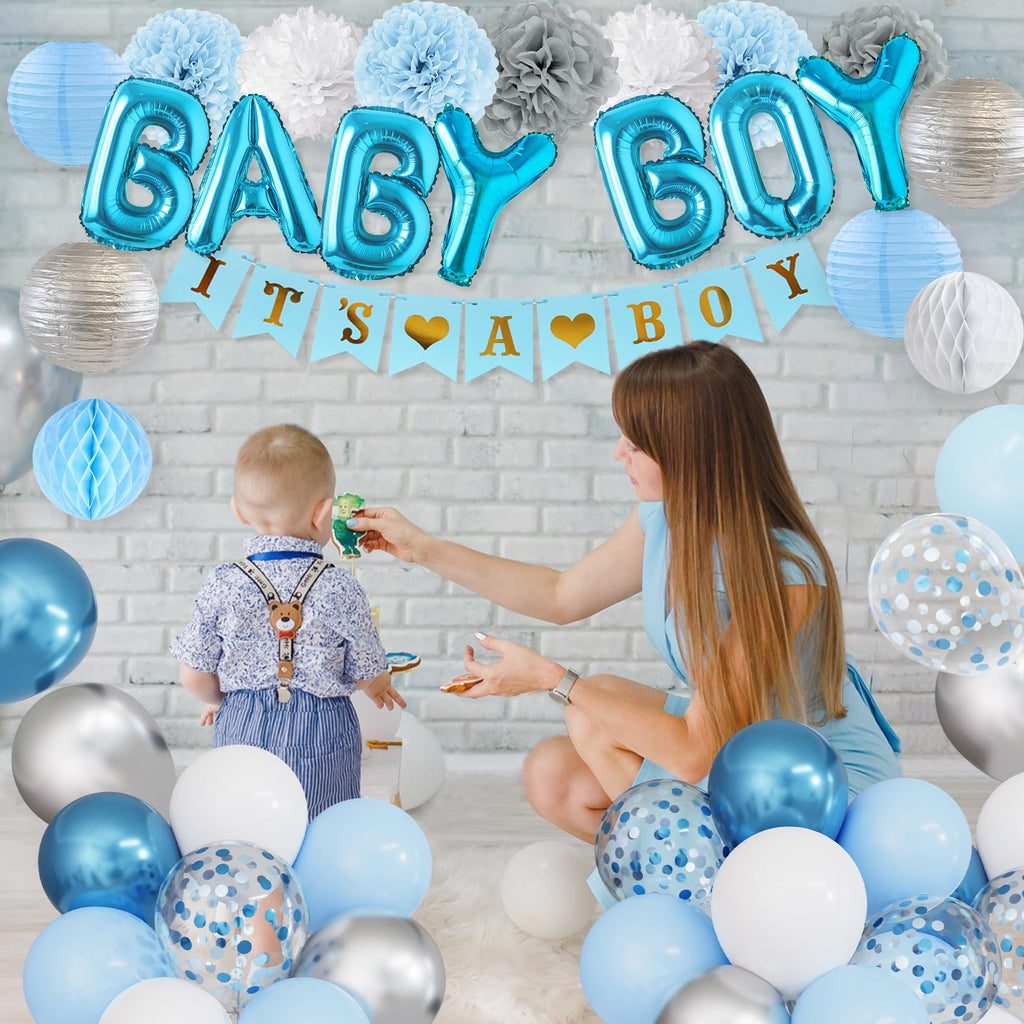 Ouddy Party Blue Baby Shower Decorations Set - 54 Pieces with Its a Boy Banner, Balloons, and Paper Decor