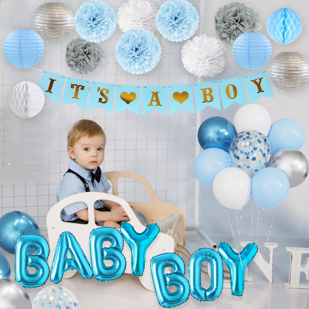 Ouddy Party Blue Baby Shower Decorations Set - 54 Pieces with Its a Boy Banner, Balloons, and Paper Decor