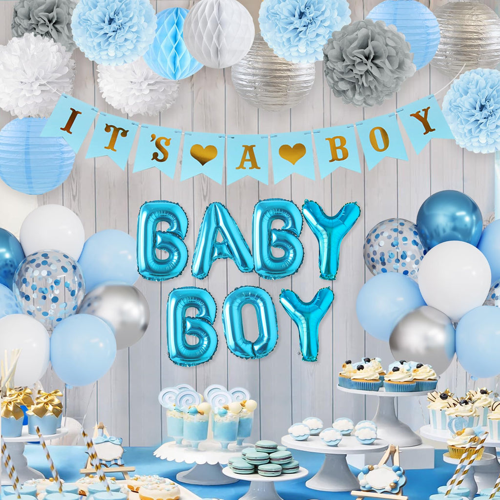 Ouddy Party Blue Baby Shower Decorations Set - 54 Pieces with Its a Boy Banner, Balloons, and Paper Decor