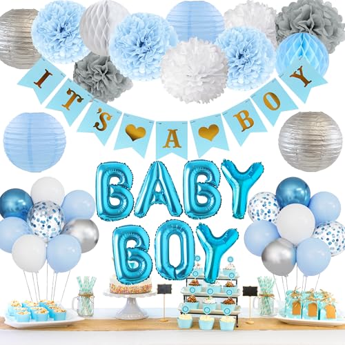Ouddy Party Blue Baby Shower Decorations Set - 54 Pieces with Its a Boy Banner, Balloons, and Paper Decor