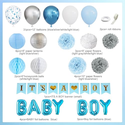 Ouddy Party Blue Baby Shower Decorations Set - 54 Pieces with Its a Boy Banner, Balloons, and Paper Decor