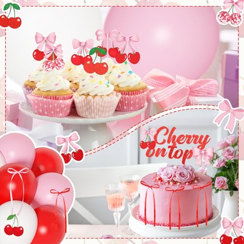 Ouddy Party Cherry Themed Party Decorations Set – Banner, Cake Toppers, Balloons & Fringe Curtains