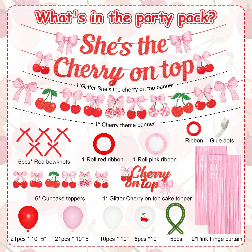 Ouddy Party Cherry Themed Party Decorations Set – Banner, Cake Toppers, Balloons & Fringe Curtains