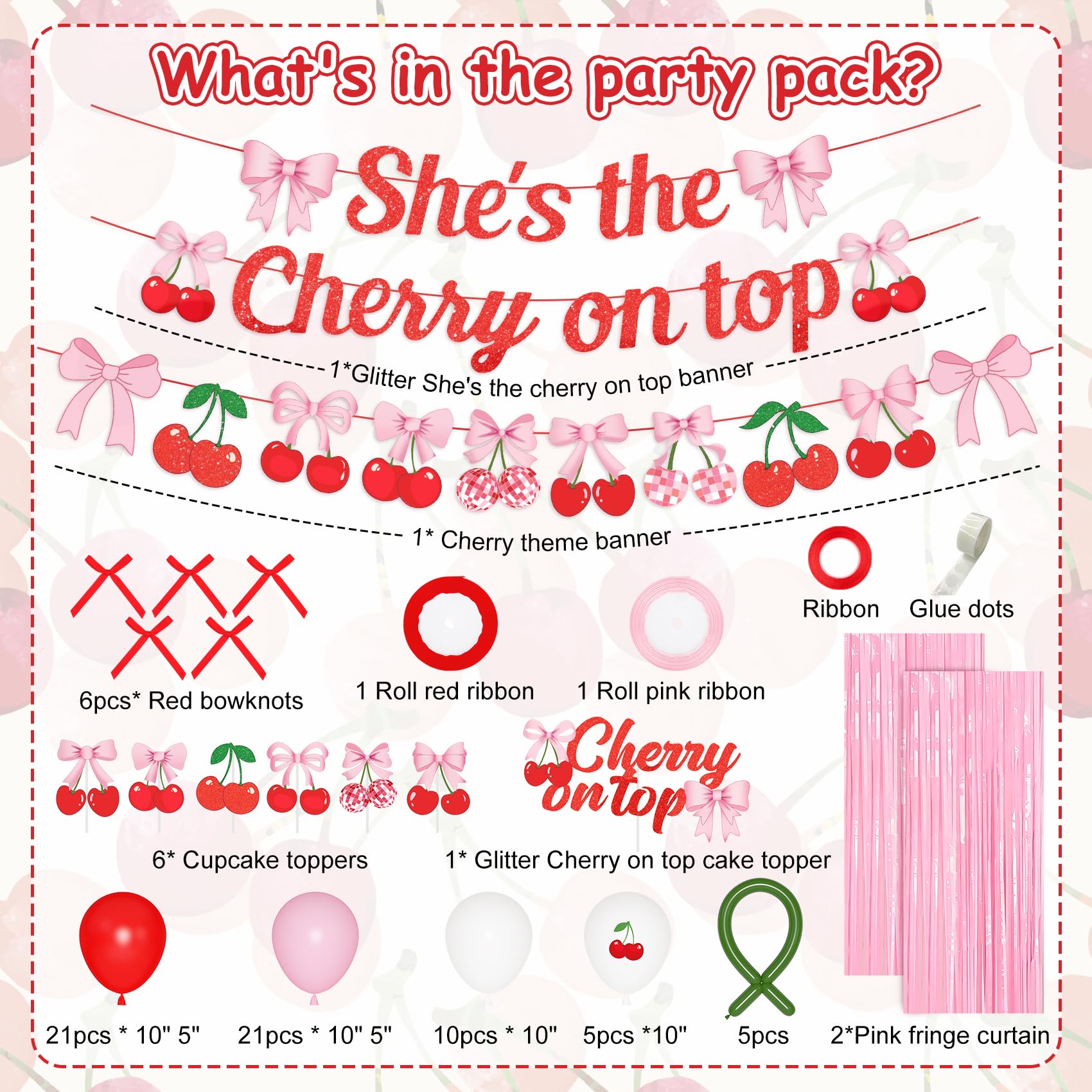 Ouddy Party Cherry Themed Party Decorations Set – Banner, Cake Toppers, Balloons & Fringe Curtains