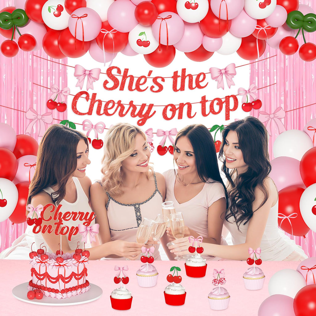 Ouddy Party Cherry Themed Party Decorations Set – Banner, Cake Toppers, Balloons & Fringe Curtains