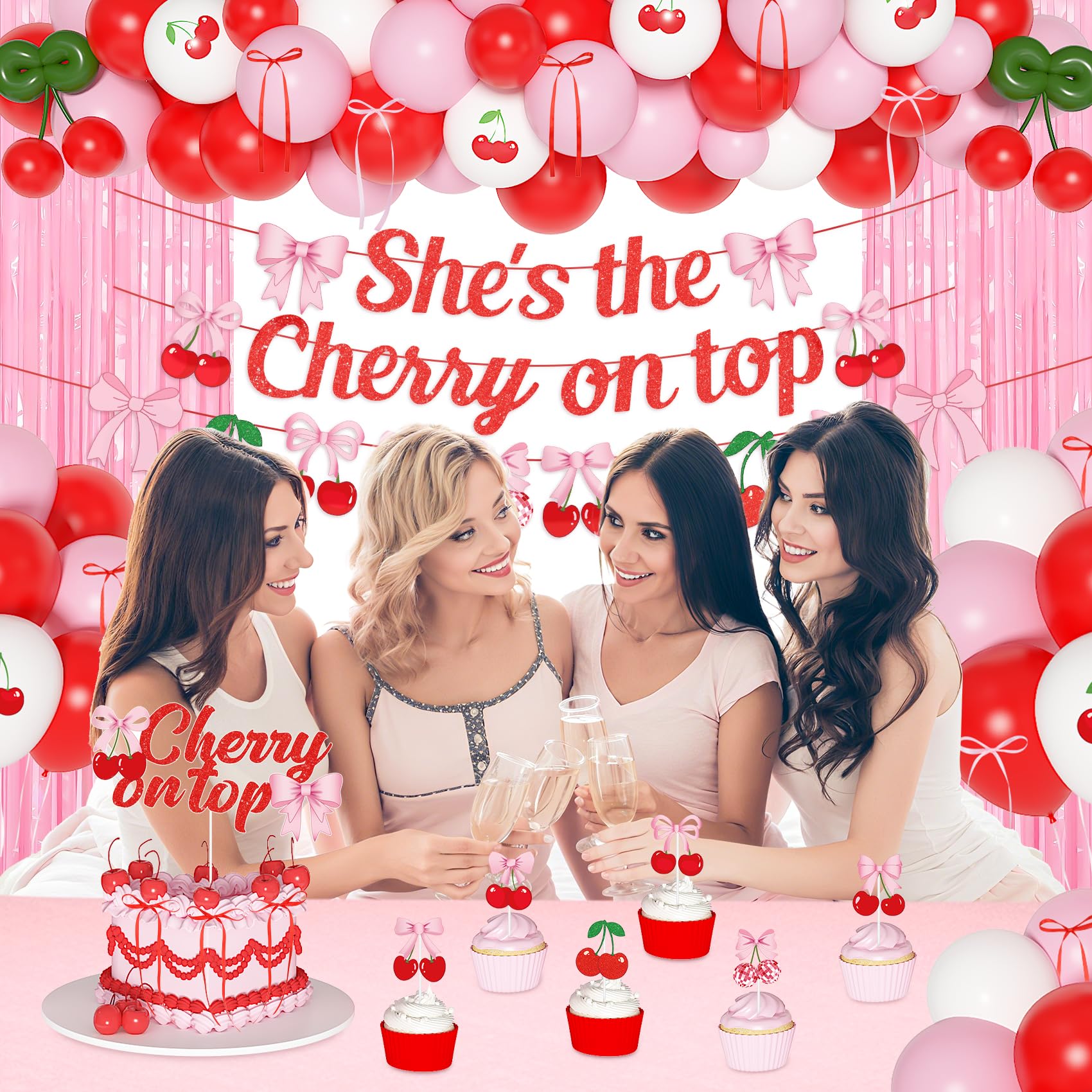 Ouddy Party Cherry Themed Party Decorations Set – Banner, Cake Toppers, Balloons & Fringe Curtains