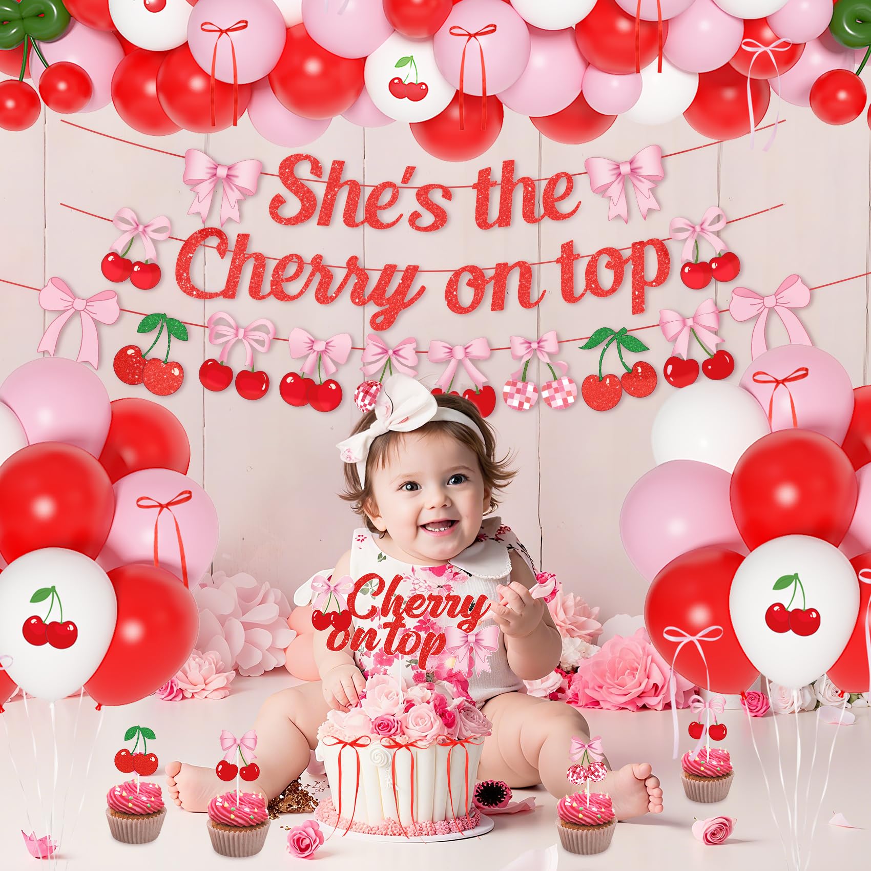 Ouddy Party Cherry Themed Party Decorations Set – Banner, Cake Toppers, Balloons & Fringe Curtains