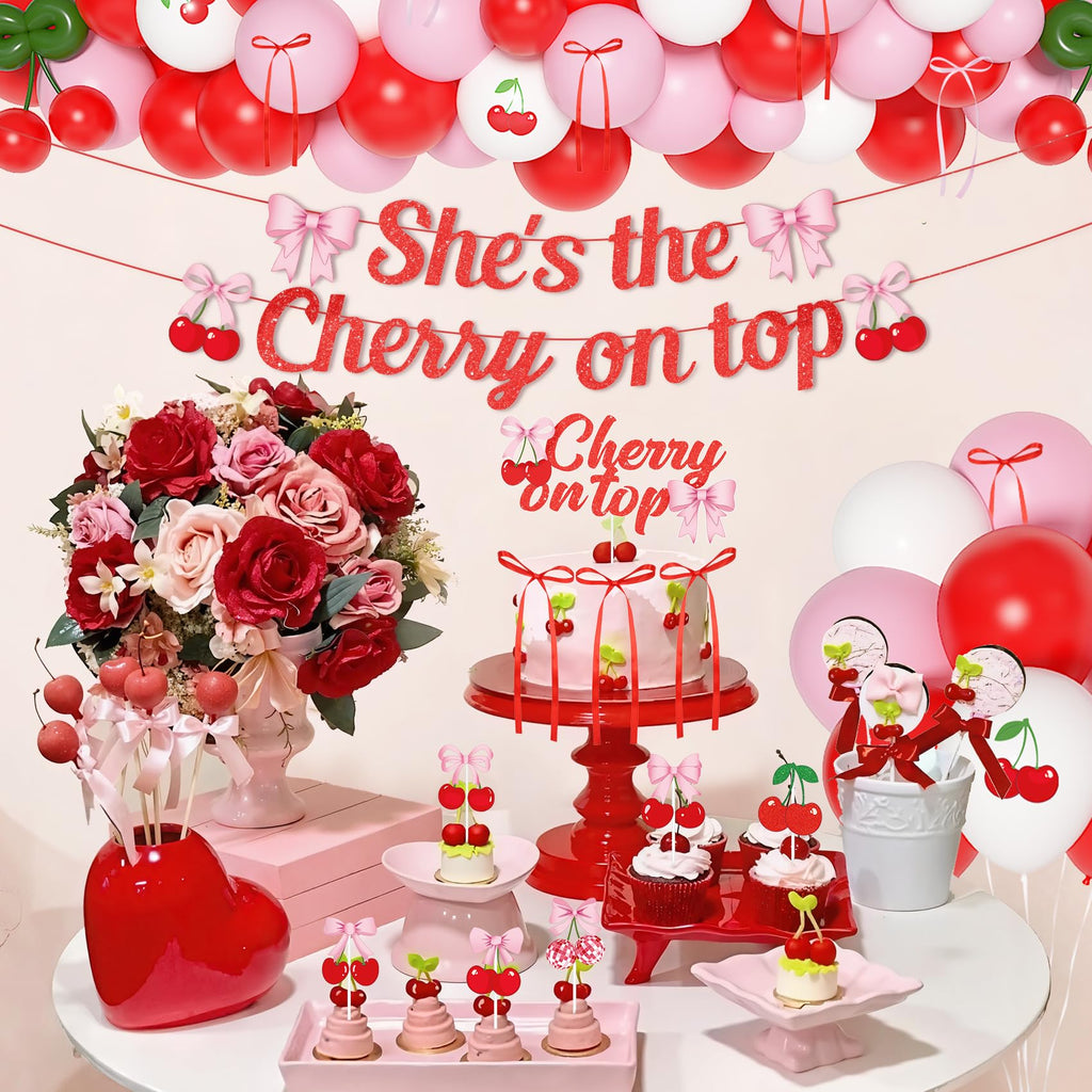 Ouddy Party Cherry Themed Party Decorations Set – Banner, Cake Toppers, Balloons & Fringe Curtains