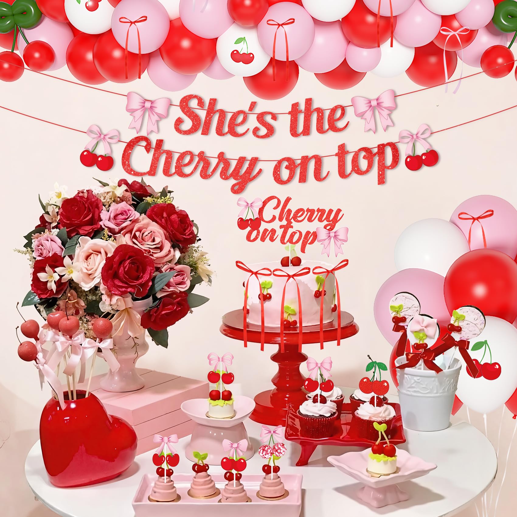 Ouddy Party Cherry Themed Party Decorations Set – Banner, Cake Toppers, Balloons & Fringe Curtains