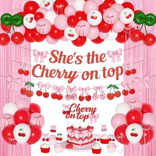 Ouddy Party Cherry Themed Party Decorations Set – Banner, Cake Toppers, Balloons & Fringe Curtains
