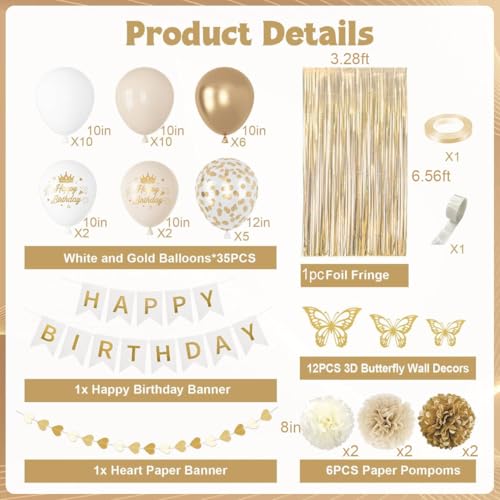 Ouddy Party White and Gold Birthday Decorations Kit – 58 Pieces Including Confetti Balloons, Butterfly Decor, Banner, and Fringe Curtain