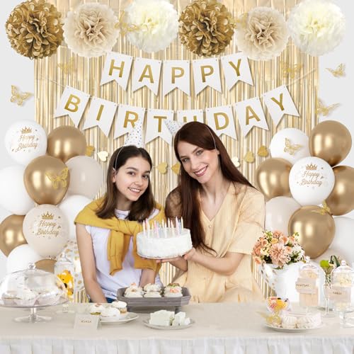 Ouddy Party White and Gold Birthday Decorations Kit – 58 Pieces Including Confetti Balloons, Butterfly Decor, Banner, and Fringe Curtain