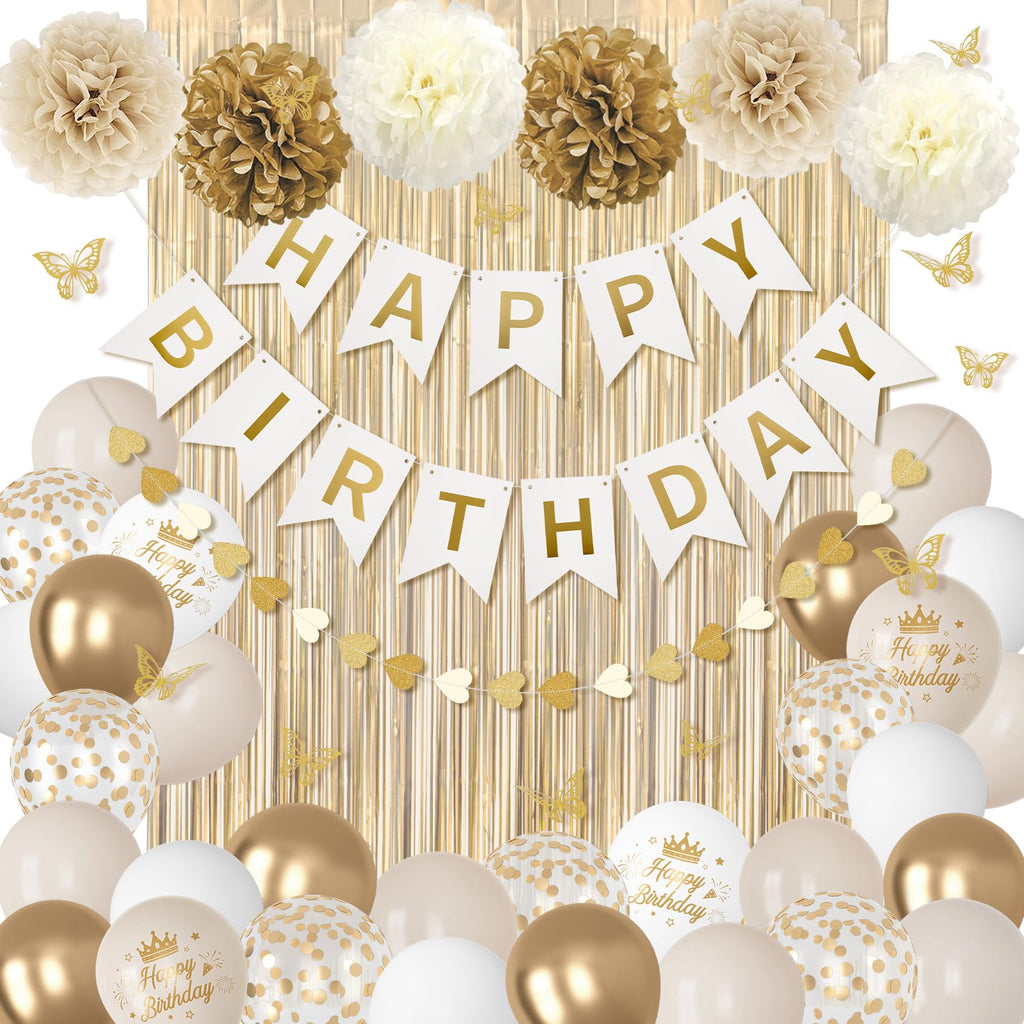 Ouddy Party White and Gold Birthday Decorations Kit – 58 Pieces Including Confetti Balloons, Butterfly Decor, Banner, and Fringe Curtain