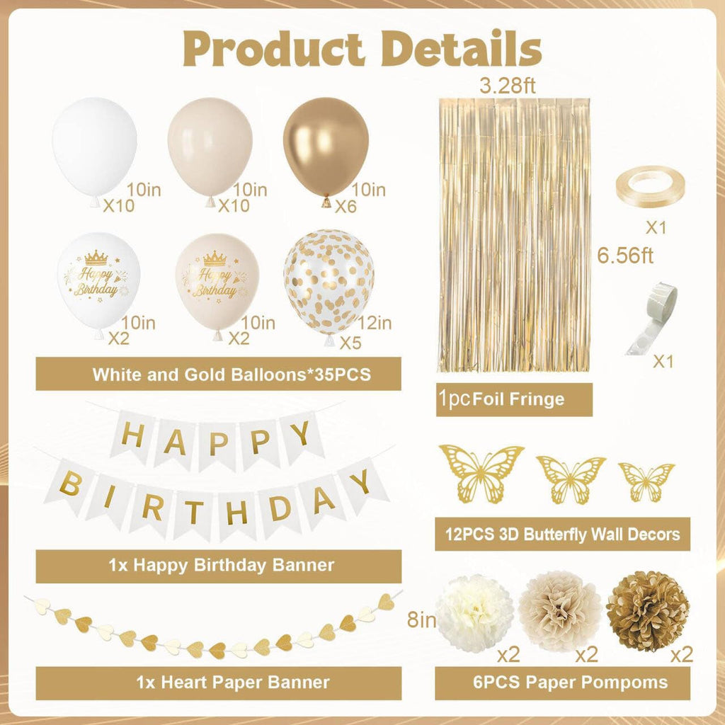 Ouddy Party White and Gold Birthday Decorations Kit – 58 Pieces Including Confetti Balloons, Butterfly Decor, Banner, and Fringe Curtain