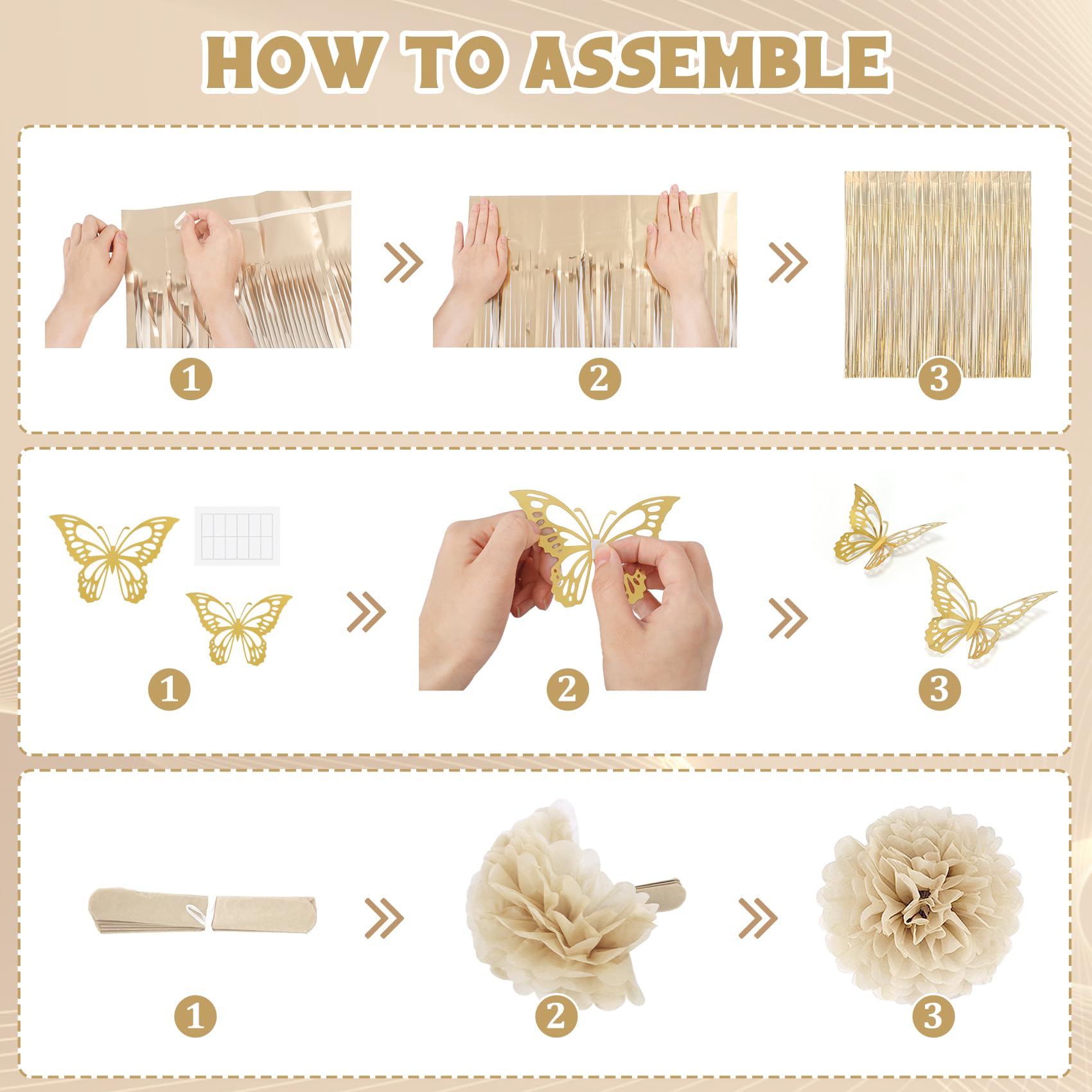 Ouddy Party White and Gold Birthday Decorations Kit – 58 Pieces Including Confetti Balloons, Butterfly Decor, Banner, and Fringe Curtain