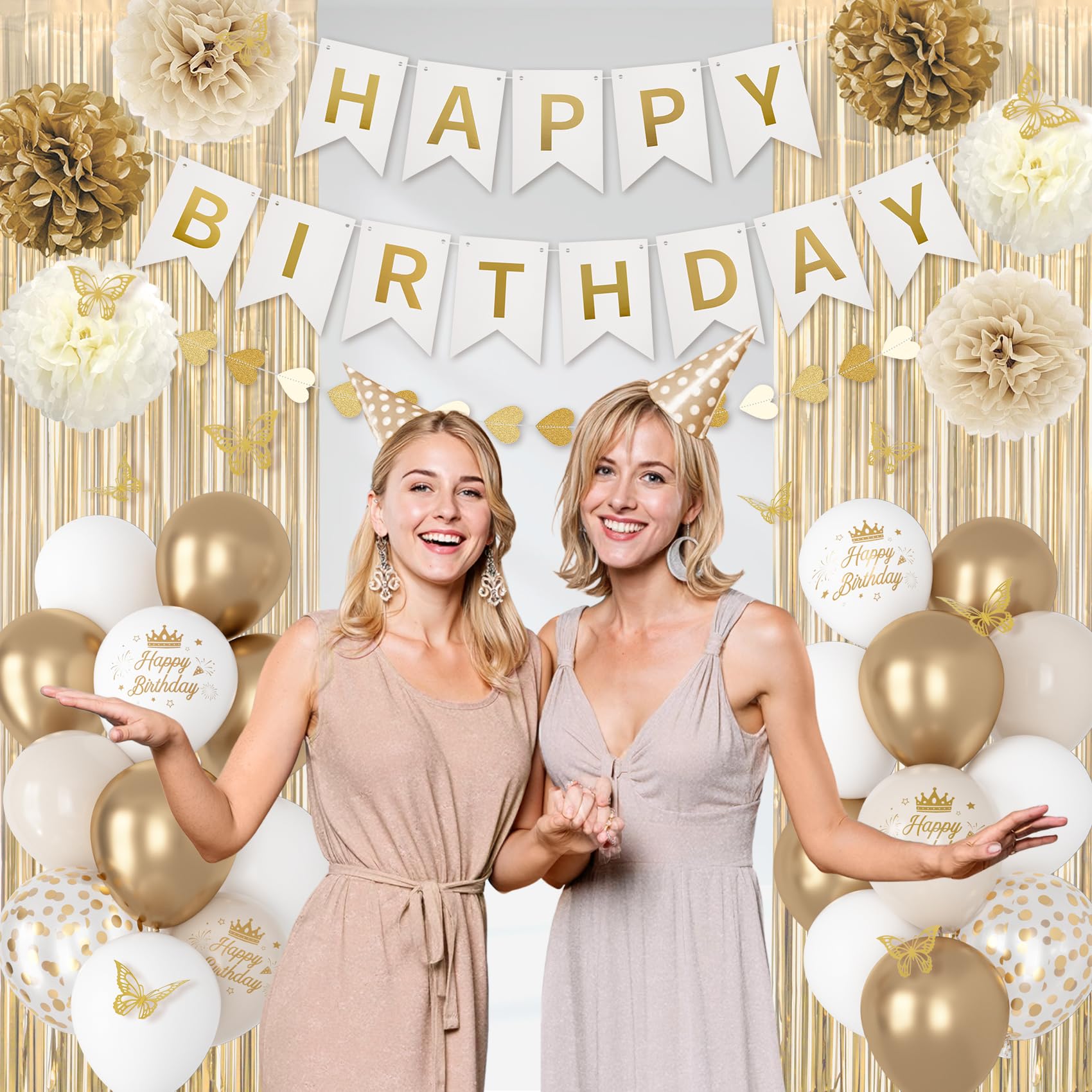 Ouddy Party White and Gold Birthday Decorations Kit – 58 Pieces Including Confetti Balloons, Butterfly Decor, Banner, and Fringe Curtain