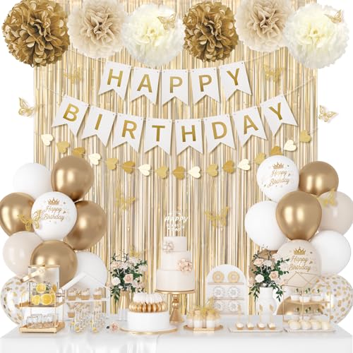 Ouddy Party White and Gold Birthday Decorations Kit – 58 Pieces Including Confetti Balloons, Butterfly Decor, Banner, and Fringe Curtain
