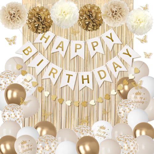 Ouddy Party White and Gold Birthday Decorations Kit – 58 Pieces Including Confetti Balloons, Butterfly Decor, Banner, and Fringe Curtain