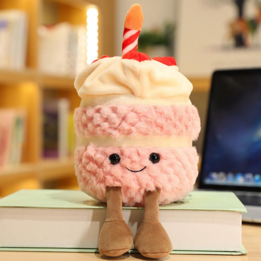 OUKEYI 28cm Pink Birthday Cake Plush Toy - Soft Smile Cake Pillow Stuffed Animal