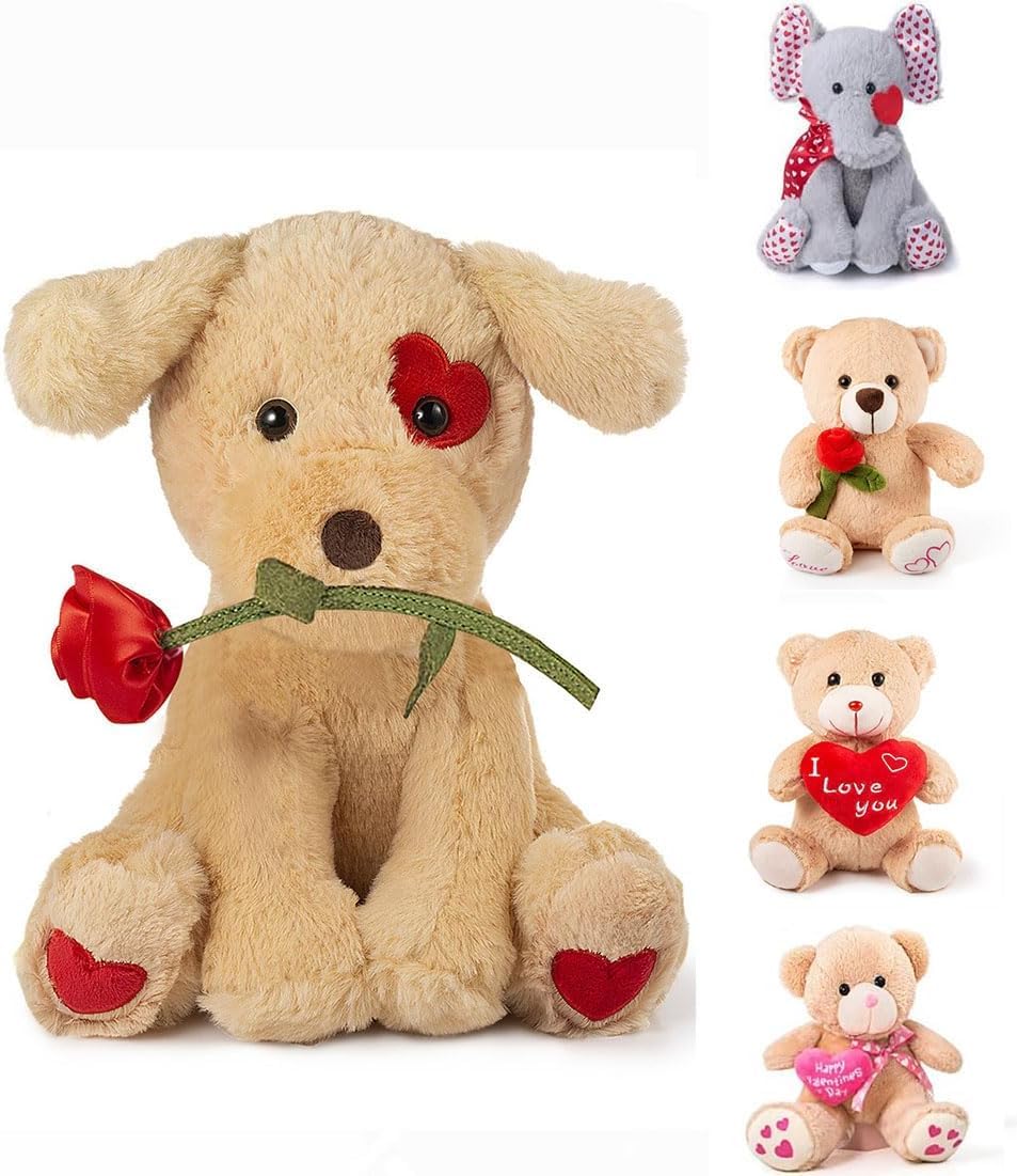 Oukiwi 10 Inch Valentine's Plush Bear Holding Heart with Rose - Soft Stuffed Animal Gift for Loved Ones