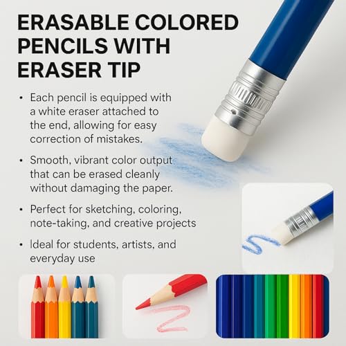 Ouksma 36 Pre-Sharpened Colored Pencils with Built-in Erasers – Erasable Art Pencils for Adults and Kids, School Supplies