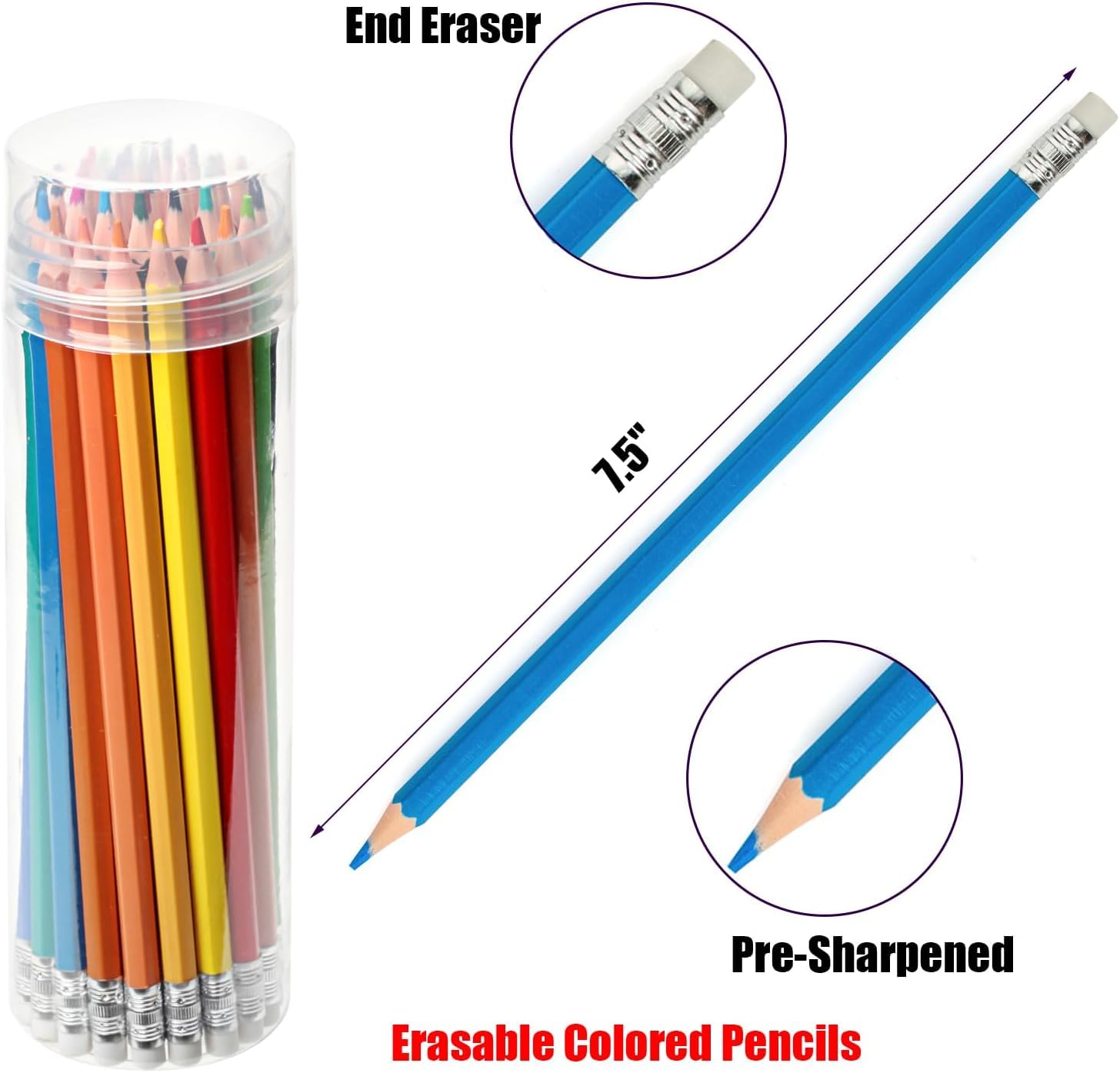 Ouksma 36 Pre-Sharpened Colored Pencils with Built-in Erasers – Erasable Art Pencils for Adults and Kids, School Supplies