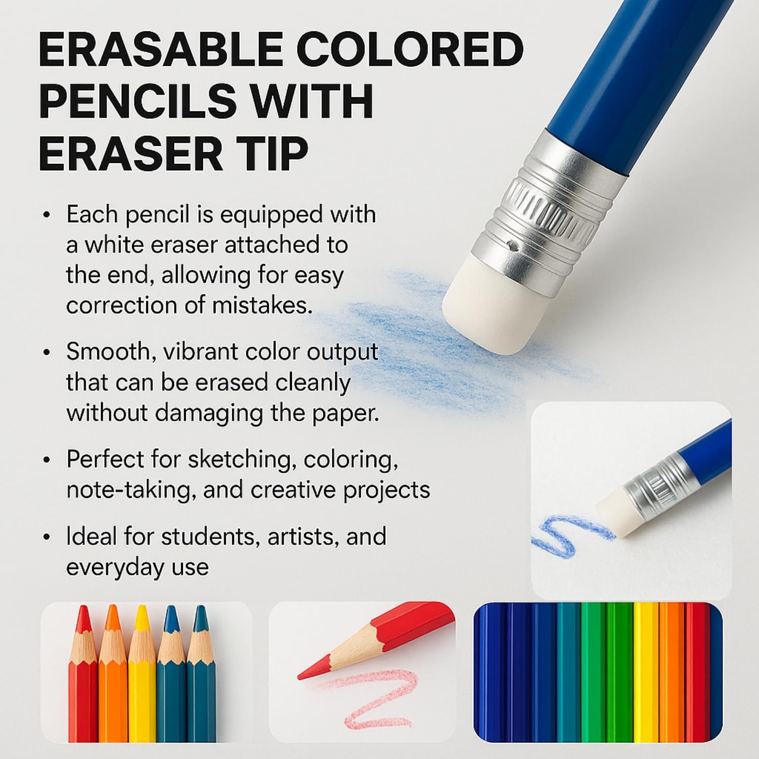 Ouksma 36 Pre-Sharpened Colored Pencils with Built-in Erasers – Erasable Art Pencils for Adults and Kids, School Supplies
