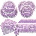 OULUN Purple Glitter Diamond Birthday Party Tableware Set – 20 Plates, 20 Napkins, and Tablecloth