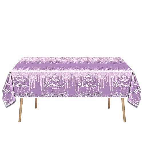 OULUN Purple Glitter Diamond Birthday Party Tableware Set – 20 Plates, 20 Napkins, and Tablecloth